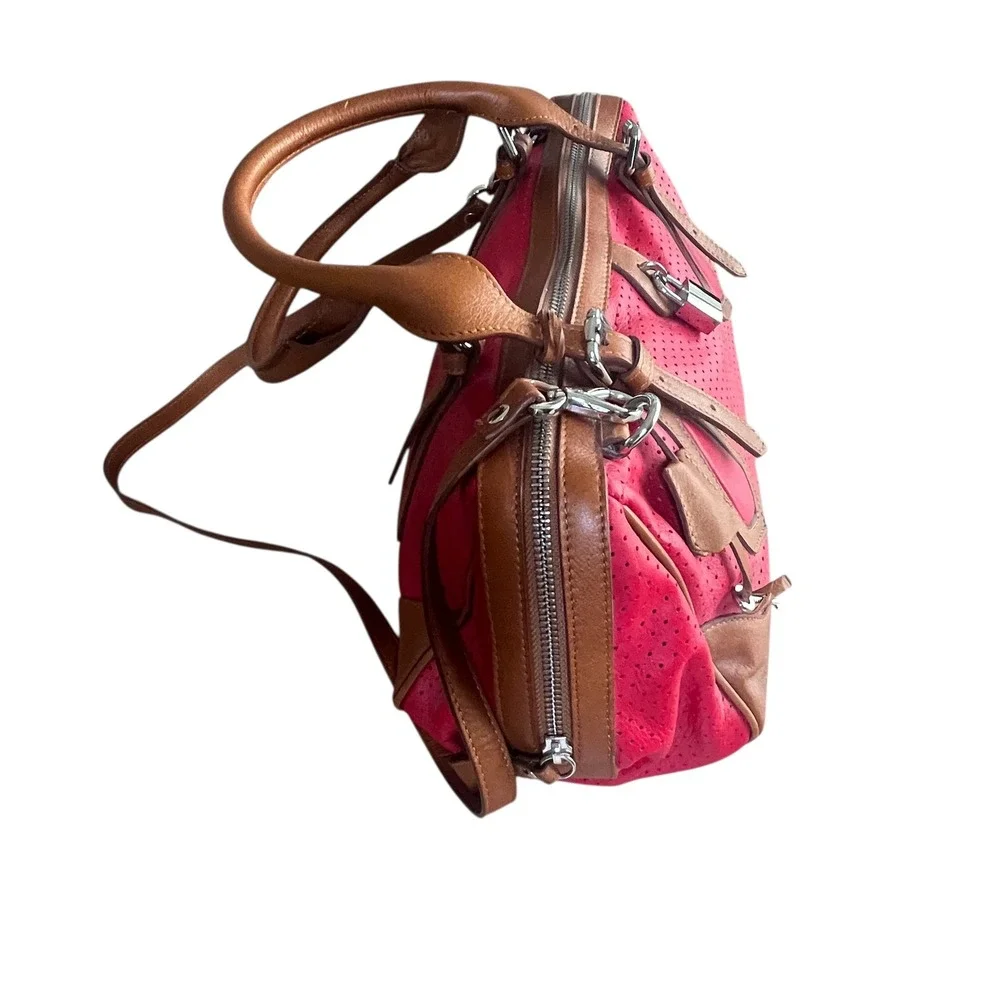 Sundance Red Perforated Leather Satchel Handbag Purse Shoulder Strap Lock Italy‎